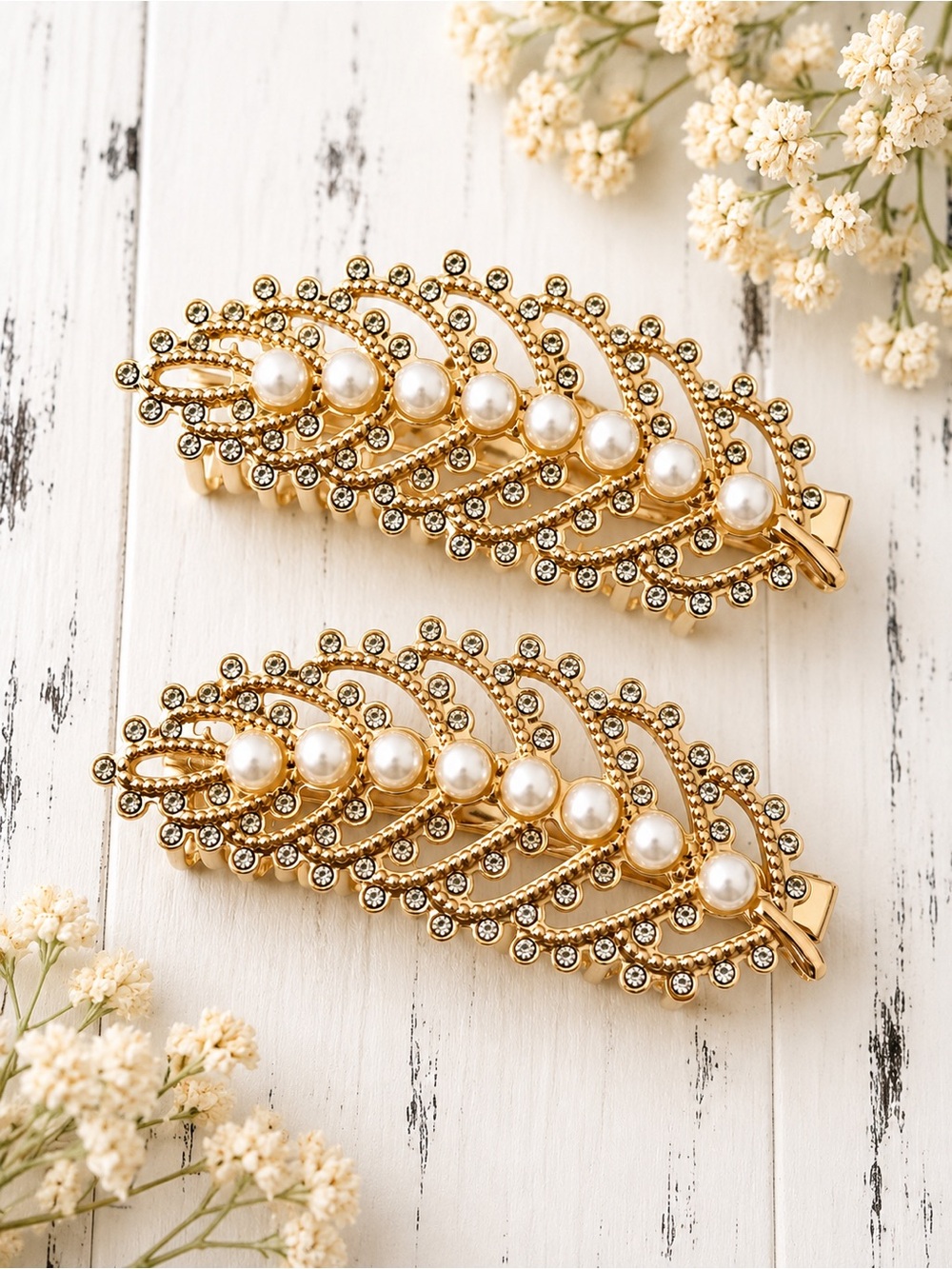 NWT Pearl Rhinestone Gold Hair Claw Clip Set of 2